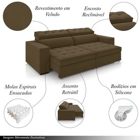 Sofá Decorativo Hugo 2 Lugares 300cm Reclinável e Retrátil Veludo Marrom G45 - Gran Belo