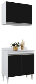 Kit Armário Aéreo e Balcão de Cozinha Lavanderia com Tampo 02 Portas Loren 80 cm - D'Rossi - Branco e Preto