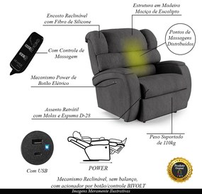 Poltrona do Papai Sala de Cinema Reclinável Kylie Power Touch Massagem USB Linho Chumbo G23