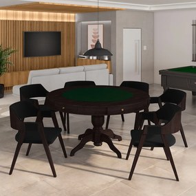 Conjunto Mesa de Jogos Carteado Bellagio Tampo Reversível e 6 Cadeiras Madeira Poker Base Estrela Veludo Preto/Tabaco G42 - Gran Belo