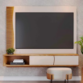 Painel TV 65 Pol 180cm Bancada Suspensa Ripado Manacá C04 - D'Rossi - Off White Matte e Freijó