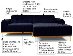 Sofá 3 Lugares Bipartido com Chaise Lado Esquerdo Base de Madeira Euro 230 cm Veludo Azul G15 - Gran Belo