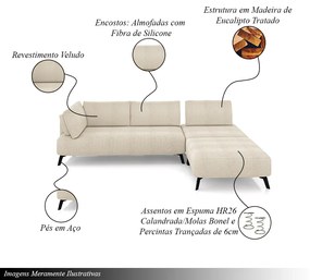 Sofá de Canto Modulado 242cm Sabrina Pés em Aço com Puff Bouclê Bege G52 - Gran Belo