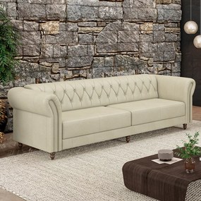 Sofá Living Sala de Estar Stanford Chesterfield 3 Lugares 260cm Pés de Madeira Couro Off White G58 - Gran Belo