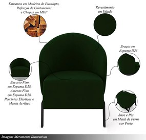 Kit 2 Poltronas Decorativa Sala de Estar Kenya Pés em Ferro Veludo Preto/Verde G33 - Gran Belo