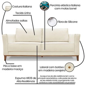 Sofá 2 Lugares Base de Madeira Grace 170 cm Linho Natural S04 - D'Rossi