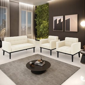 Conjunto 2 Poltronas e 1 Namoradeira Decorativa Karen Pés Fixo em Madeira Preto Veludo Bege G19 - Gran Belo