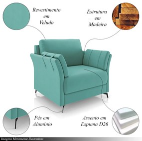 Conjunto Poltrona e Sofá Decorativo Violet 2 Lugares 164cm Pés em Alumínio Preto Veludo Azul Turqueza G45 - Gran Belo