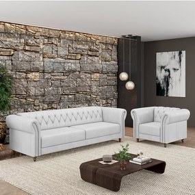 Conjunto Sala de Estar 1 Sofá Living 180cm e 1 Poltrona Stanford Chesterfield Pés Madeira Couro Branco G58 - Gran Belo