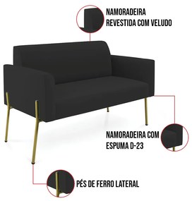 Sofá Namoradeira e Poltrona Pé de Ferro Dourado Salão Marisa Veludo D03 - D'Rossi - Preto