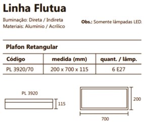 Arandela Flutua Retangular 20X70Cm 6Xe27 Metal E Acrílico | Usina 3920... (DR-M Dourado Metálico)