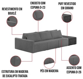 Sofá Ilha 3 Lugares Living 342cm Modulado Sala Lary Bouclê/PU Pto K01 - D'Rossi - Cinza