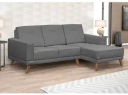 Sofá Living 3 Lugares com Chaise Direito Pés Retrô Capricho Suede Cinz