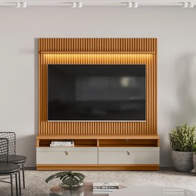 Painel para TV até 75 Polegadas Ripado Betina com Rack Nature e Off White 180x198 cm L04 - D'Rossi