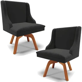 Kit 2 Poltronas Decorativas Base Giratória de Madeira Firenze Veludo Preto/Natural G19 - Gran Belo