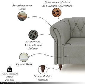 Conjunto de Sofá Sala de Estar Stanford Chesterfield 2 e 3 Lugares 200cm/260cm Pés Madeira Couro Cinza G58 - Gran Belo