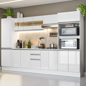 Armário de Cozinha Completa 100% MDF 300 cm Frentes Branco Brilho Smart Madesa 01 Cor:Branco