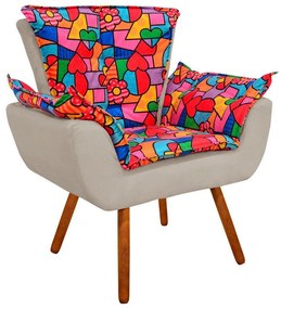 Poltrona Opala Romero Britto D15 e Suede Bege Pés Palito Castanho D'Rossi