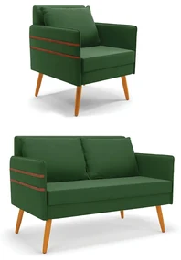 Kit 01 Namoradeira 02 Lugares e 01 Poltrona Mari Suede Verde Pés Palito Castanho - D'Rossi
