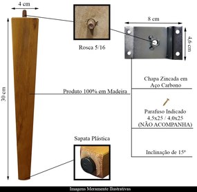 2 Pés Palito Madeira Quadrado 30cm e 2 Chapinhas Aço Inclinada 15º Mel/Zincado G75 / G59 - Gran Belo