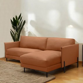 Sofá Decorativo Karine 3 Lugares Sala de estar 230cm com Chaise Pés em Aço Couro Conhaque G88 - Gran Belo