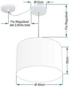 Lustre Pendente Cilíndrico Com Desvio Md-4237 Cúpula em Tecido 40x30cm Branco - Bivolt