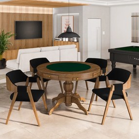 Conjunto Mesa de Jogos Carteado Bellagio Tampo Reversível e 4 Cadeiras Madeira Poker Base Estrela Veludo Preto/Nogueira G42 - Gran Belo