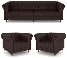 Conjunto Sala de Estar 1 Sofá Living 260cm e 2 Poltronas Stanford Chesterfield Pés Madeira Couro Wine Vinho G58 - Gran Belo