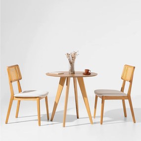 Conjunto Mesa de Jantar Square Redonda 88cm - Freijó + 2 Cadeira Lalá Palha Natural - Plot Cru