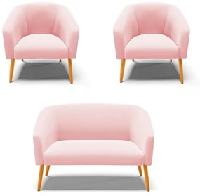 Namoradeira e 2 Poltronas Pé Palito Castanho Stella Suede Rosa Bebê D03 - D'Rossi