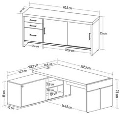 Mesa Escritório em L e Balcão 2 Portas 3 Gavetas Corp A06 Charuto/Pret