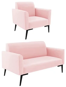 Sofá Namoradeira com Poltrona Pés Villach Marisa Suede Rosa Bebê D03 - D'Rossi