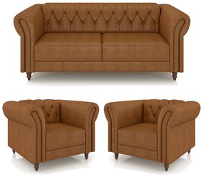 Conjunto Sala de Estar 1 Sofá Living 220cm e 2 Poltronas Stanford Chesterfield Pés Madeira Couro Mel Manchado G58 - Gran Belo