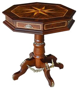 Mesa de Apoio Rosalie Design Octogonal Lâmina Imbuia Detalhes em Marchetaria Base Madeira Eucalipto e Pinheiro Estilo Clássico