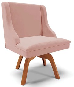 Cadeira Decorativa Sala de Jantar Base Giratória de Madeira Firenze Veludo Rosê/Natural G19 - Gran Belo