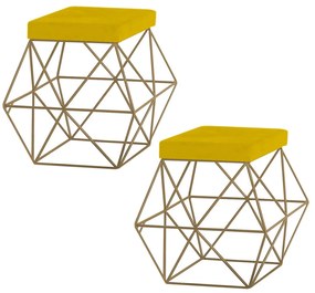 Kit 2 Puffs Decorativo Sala de Estar Base Gold Trixie Suede Amarelo G41 - Gran Belo