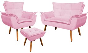 Conjunto Poltrona Puff e Namoradeira Pés Palito Charger Suede Rosa G19 - Gran Belo