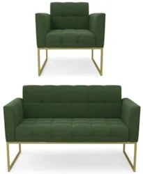 Sofá Namoradeira e 1 Poltrona Base Industrial Dourado Ana Suede Verde