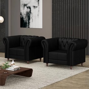 Kit 2 Poltronas Decorativas Sala de Estar Stanford Chesterfield Pés de Madeira Couro Preto Brilho G58 - Gran Belo