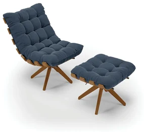 Poltrona com Puff Giratório Costela Suede Base de Madeira MA30 M11 - D'Rossi - Azul Marinho