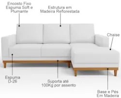 Sofá 3 Lugares 200cm Living Com Chaise Direito Sala de Estar Kayrós D0