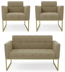 Sofá Namoradeira e 2 Poltronas Base Industrial Dourado Ana Suede Marro