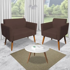 Conjunto Namoradeira e 2 Poltronas Decorativas Isabella Pés Palito Madeira Suede Marrom G19 - Gran Belo