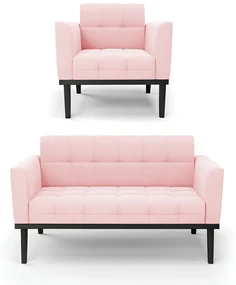 Sofá Namoradeira e Poltrona Base de Madeira Preto Elisa Suede D03 - D'Rossi - Rosa Bebê