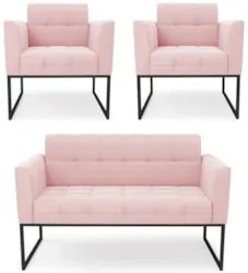 Sofá Namoradeira e 2 Poltronas Base Industrial Preto Ana Suede Rosa Be