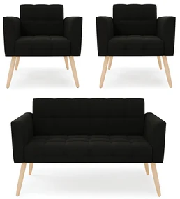 Kit 1 Sofá Namoradeira e 2 Poltronas Elisa Suede Pés Palito Natural - D'Rossi - Preto