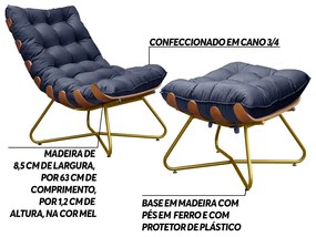 Conjunto Decorativo Poltrona e Puff Caim Base de Madeira Dourada Veludo Azul G41 - Gran Belo