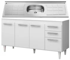 Balcão Gabinete com Pia Inox 150cm Lisboa Branco - Lumil Móveis