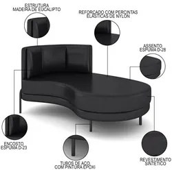 Chaise Longue Divã 164cm Braço Esquerdo Logus D06 Sintético Preto - Mp