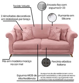 Sofá 2 Lugares Pé de Madeira Julieta 180 cm Veludo S04 - D'Rossi - Rosa